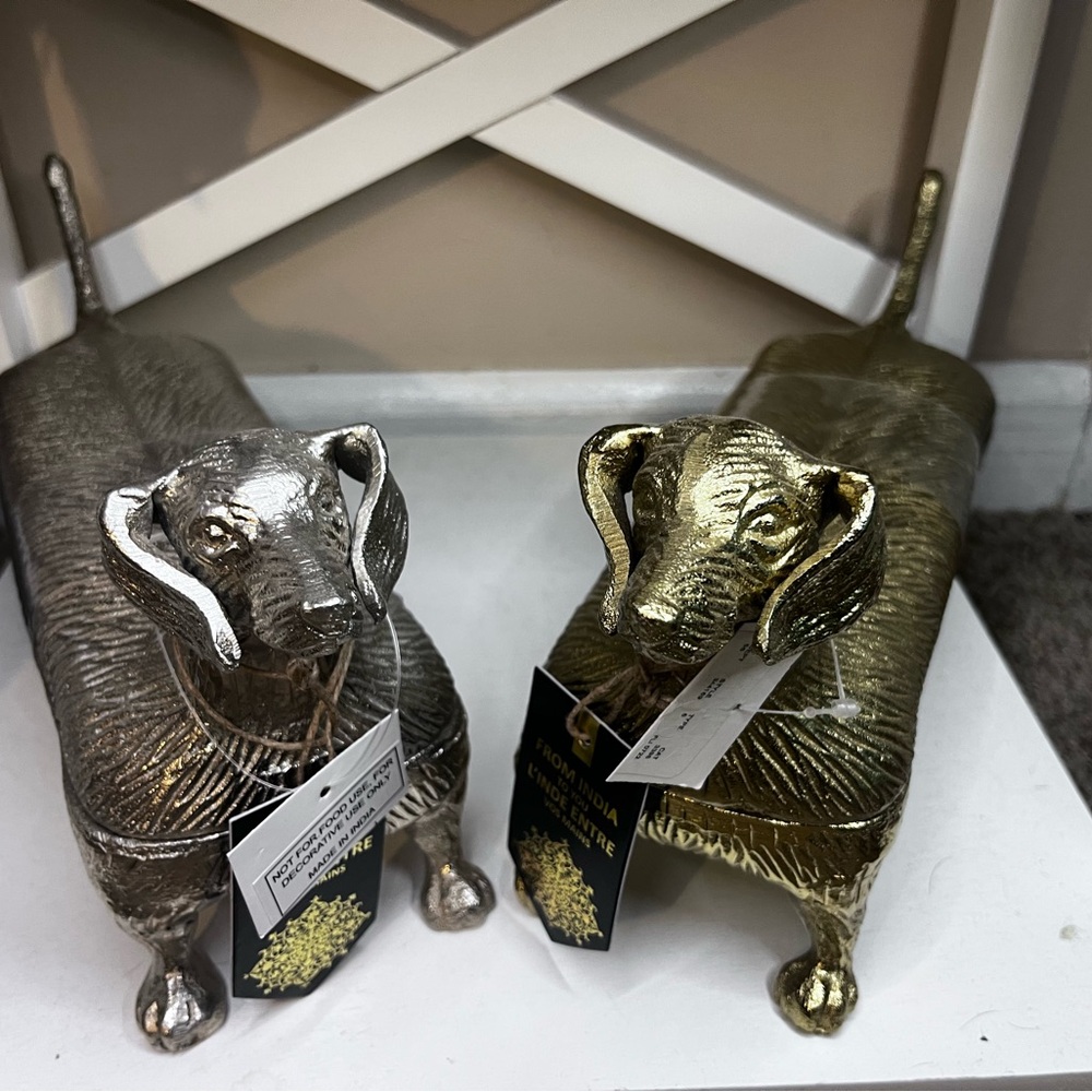 Dachshund gold and silver metal trinket boxes